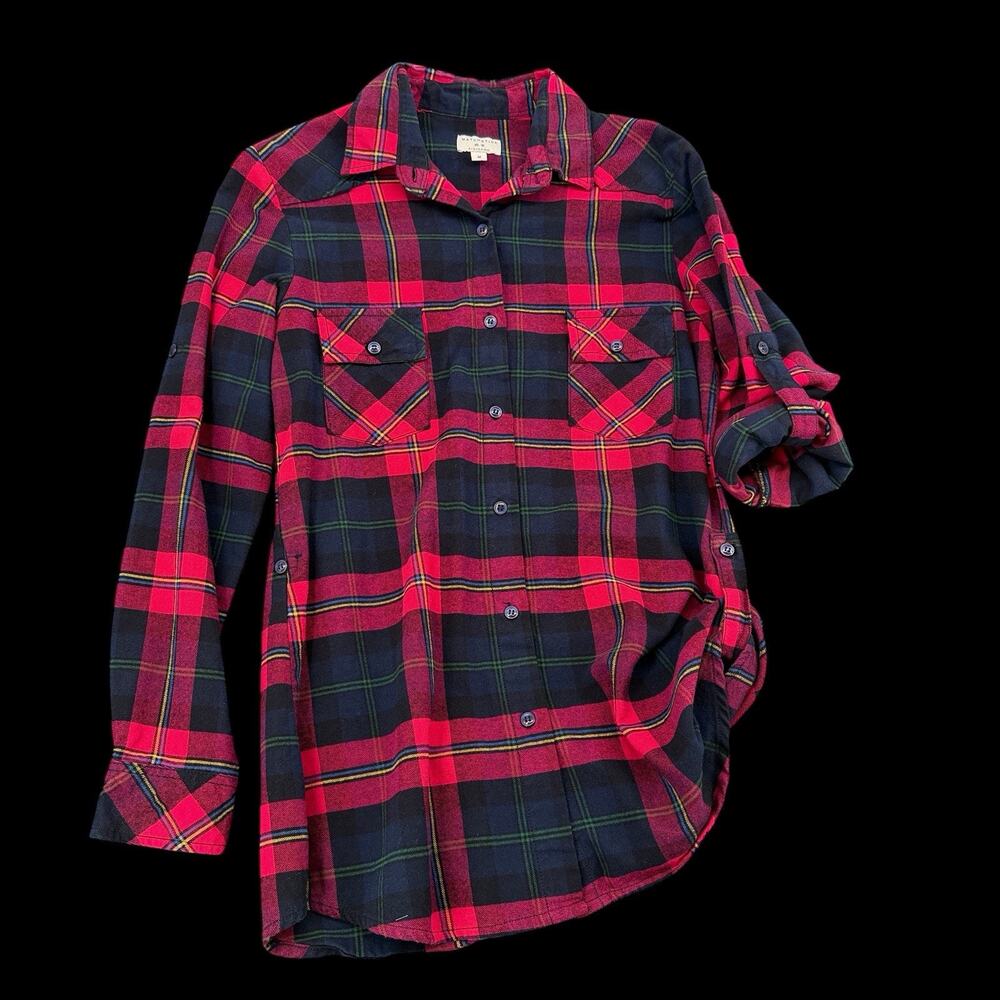Matchstick Womens Plaid Flannel Shirt Sz M Long Red Black Tartan Western Rodeo